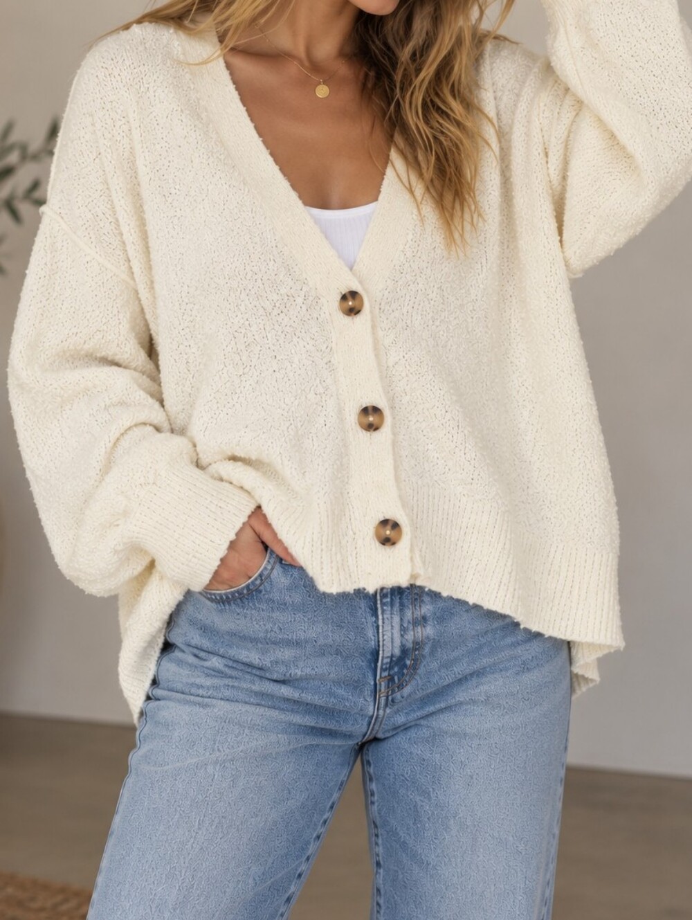 Free People Ivory Cream Oversized Textured Knit Button Cardigan Sweater